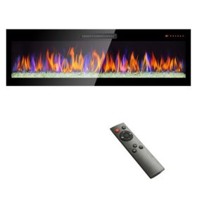 recessed ultra thin tempered glass front wall mounted electric fireplace with remote and multi color flame & emberbed, LED light heater (Size: 60inch)